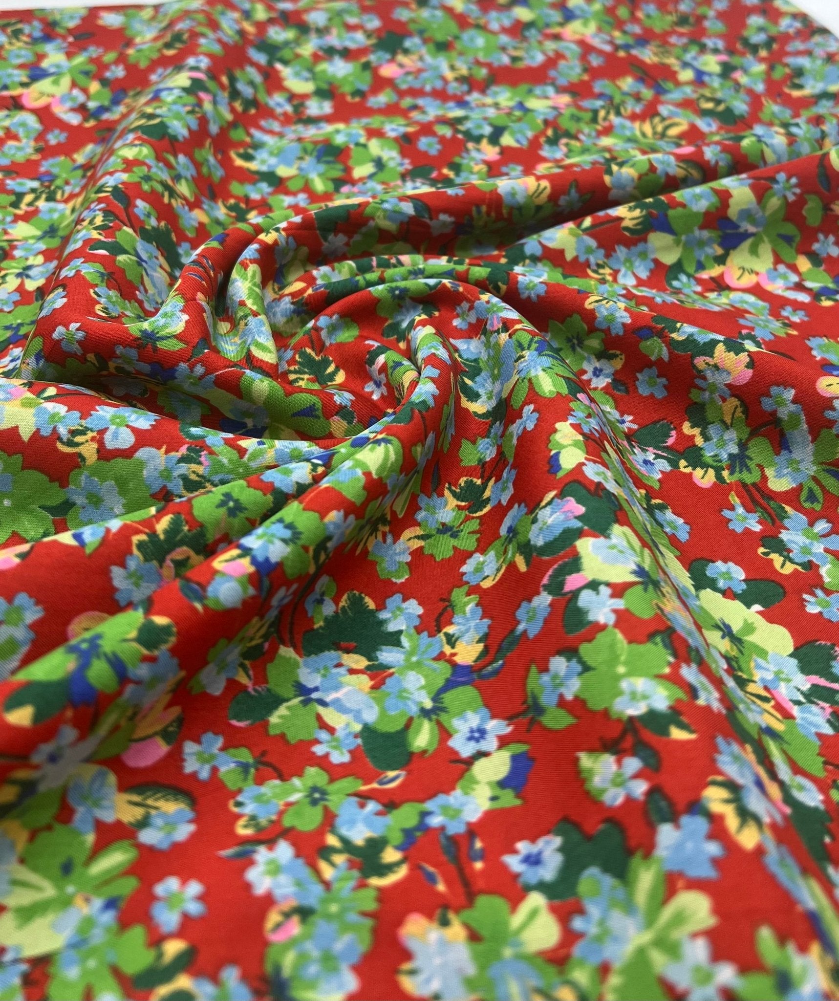 Red Green Floral Lightweight Non Stretch Woven Fabric - T9 Fabrics